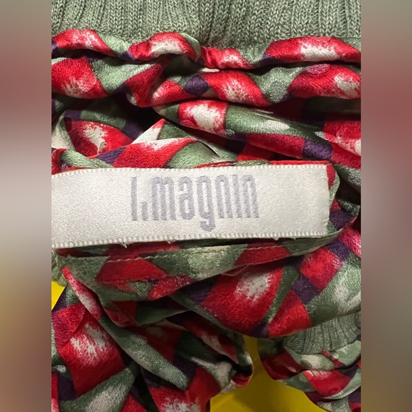 VTG 80s Bill Blass Silk Strong Shoulder Top Red Green Woven Print Knit Hem Cuffs - Picture 9 of 12